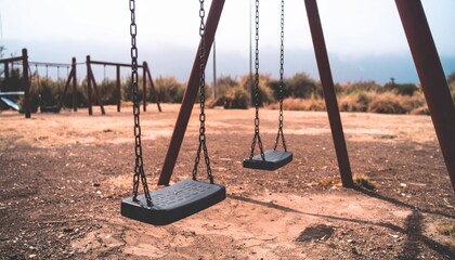 Empty swings in a deserted playground, bathed in muted light, evoke a sense of abandonment and quiet solitude.