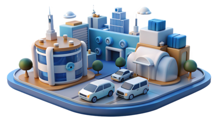 Cartoon 3D Isometric Cityscape with Buildings and Cars on a Transparent Background Keywords: 3D, isometric, cityscape, city, cartoon, illustration, urban, modern, buildings, architecture
