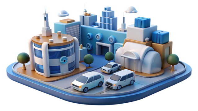 Cartoon 3D Isometric Cityscape with Buildings and Cars on a Transparent Background Keywords: 3D, isometric, cityscape, city, cartoon, illustration, urban, modern, buildings, architecture