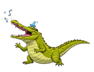 Fototapeta premium Joyful alligator singing with a butterfly on its snout