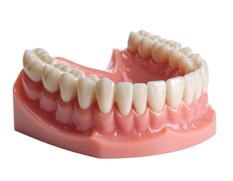 A 3D model of a partial dental denture with two missing teeth, showing the empty spaces on a realistic gum.