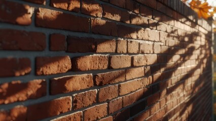 Golden Hour Sunlight Casting Dappled Tree Shadows Across a Rustic Red Brick Wall.