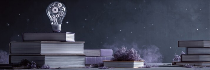 Modern Continuous Learning Concept with Gear Lightbulb and Books on Minimalist Desk for Professional Education and Lifelong Skills Development