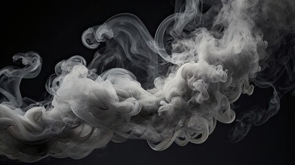 Captivating ethereal white smoke plumes gracefully swirling and expanding against a dramatic dark backdrop, creating a dynamic and abstract visual effect.