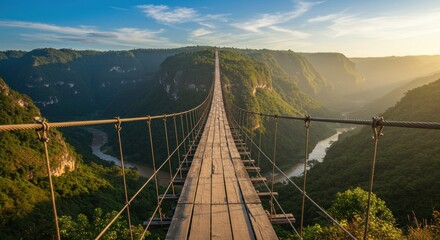 Obraz premium Wooden suspension bridge stretches across a lush, green valley, bathed in warm sunlight at dusk