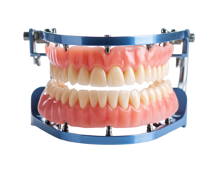 A 3D model of a full dental arch on a metallic framework, illustrating a complete prosthetic solution.