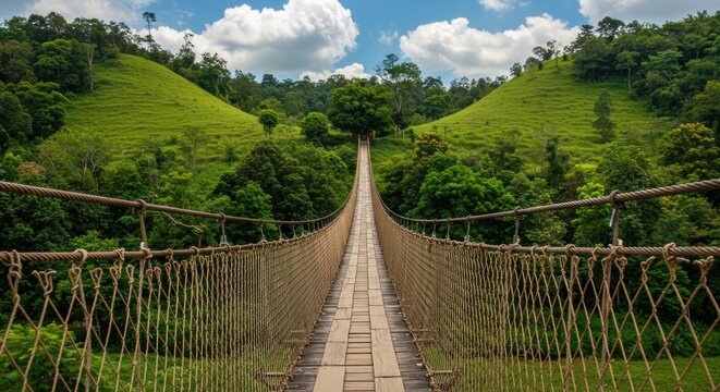 Fototapeta Rope bridge spans green valley, reaching tree centered between lush rolling hills under partly cloudy skies