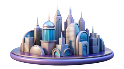 3D Isometric Cityscape with Diverse Modern Buildings and Arched Entrances on a Transparent Background Keywords: 3D, isometric, cityscape, city, cartoon, illustration, urban, modern, buildings