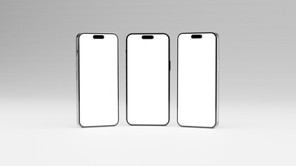 3D render illustration of three mobile phones for mock up. 3 Smartphone frames with blank screen isolated on white background. For mockup on light background. Template for place your design.