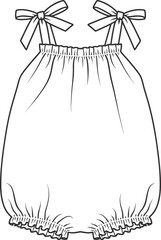Black and white line drawing of a baby romper with bow straps and ruffled hem clothing fashion
