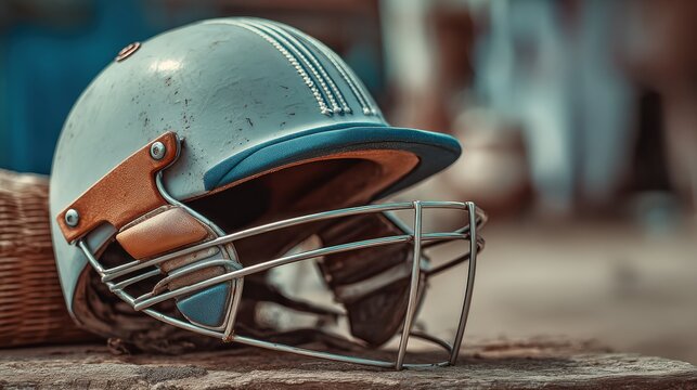 Professional Close-Up of Cricket Helmet with Clear Structure Premium Athlete Safety Gear for Modern Sports Marketing and Advertising Content