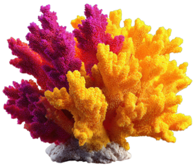 Vibrant coral-like object, magenta and gold, on a light beige base