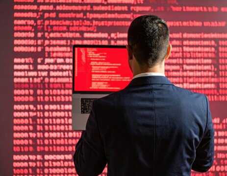 Man in suit facing a laptop displaying red code, against a backdrop of scrolling red binary data.