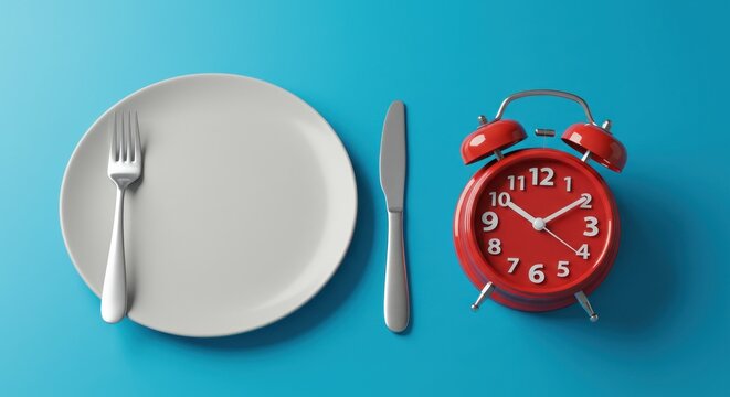 A plate with fork & knife sits next to a red alarm clock. The setup, against a blue backdrop, suggests scheduled meal times or a health-conscious lifestyle