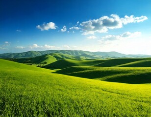 Obraz premium Serene green rolling hills under a soft blue sky 