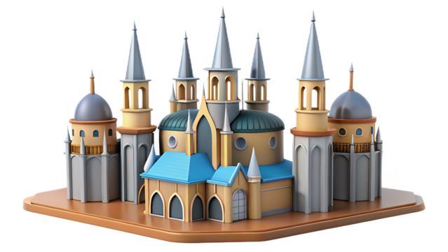 Whimsical 3D Rendered Castle with Multiple Spires and Domes on a Circular Base fantasy architecture