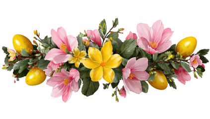 Floral Easter garland with yellow eggs and pink flowers