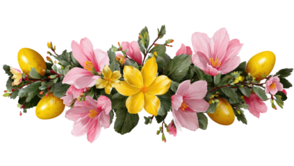 Floral Easter garland with yellow eggs and pink flowers