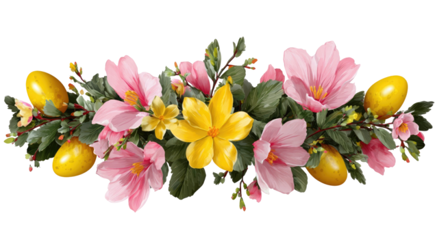 Floral Easter garland with yellow eggs and pink flowers