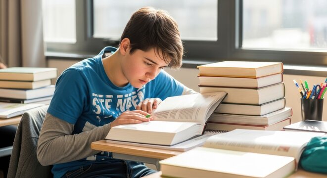 A young boy sitting at a desk with a stack of books and a pencil, focused on reading a book. - Powered by Adobe