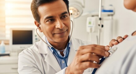 A doctor examining a patient with a stethoscope in a medical office.