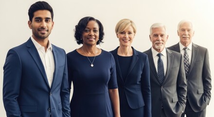 Five business professionals standing in a row, dressed in formal attire.
