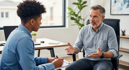 Fototapeta premium Two men in a office setting, discussing work.