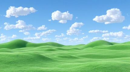 Fototapeta premium Lush green rolling hills under a bright blue sky with scattered white clouds