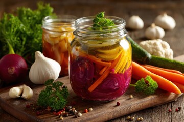 Colorful Mixed Vegetables in Jars with Fresh Herbs and Garlic on Wooden Table