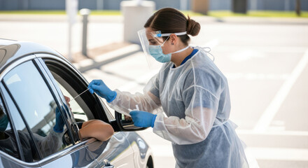 A healthcare worker in personal protective equipment (PPE) performing a COVID-19 test at a drive-through testing station.
