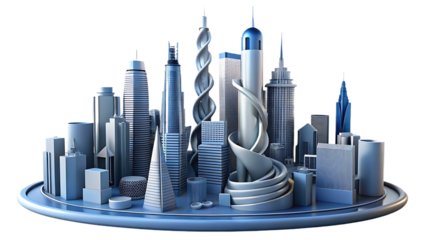 Monochromatic 3D Cityscape with Sculptural Skyscrapers and Geometric Forms on a White Base architecture