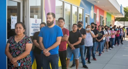 Fototapeta premium People waiting in line at a vaccination center.