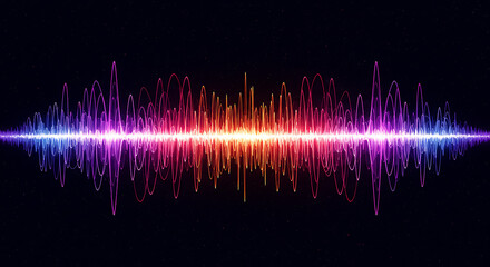 Vibrant digital audio waveform visualization on a dark background, representing sound frequency and signal processing technology with a colorful abstract spectrum analysis.