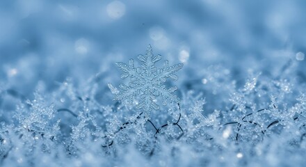 A single, intricately detailed snowflake rests atop a bed of smaller ice crystals and thin, dark filaments, all rendered in cool