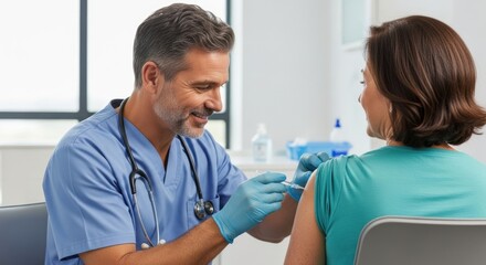 A doctor giving a vaccine to a patient in a medical office.