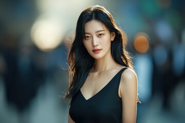 Obraz premium A captivating portrait of a woman, subtly lit by natural daylight, showcasing a confident and elegant demeanor.