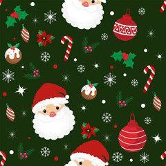 Seamless Christmas pattern with Santa Claus faces, candy canes, ornaments, holly leaves, snowflakes, and festive elements, perfect for wrapping paper and holiday decor