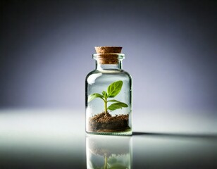 Tiny plant growing in a glass bottle with cork 