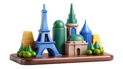 Stylized 3D Parisian Landmark Collection with Greenery and Gold Elements Eiffel Tower cityscape