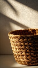 Woven Basket with Natural Fiber Design Casting Shadows on a Light Wall in Soft Morning Light