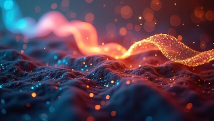 Abstract design of swirling, luminous strands over a textured surface.