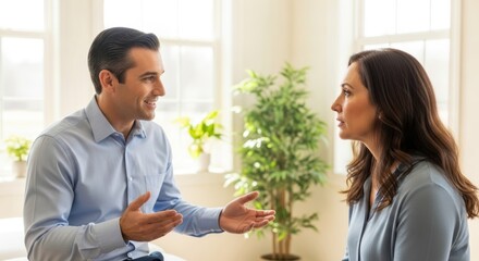 A man and a woman in a conversation, with a plant in the background.