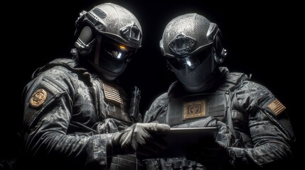 Two soldiers in tactical gear and helmets review a tablet focused and prepared