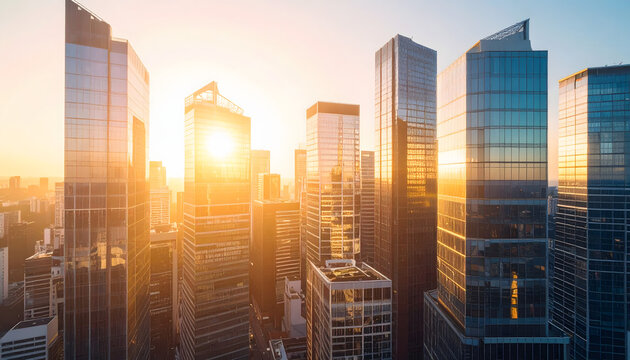 Stunning urban landscape of a modern metropolis with towering financial district buildings glowing at sunrise or sunset.