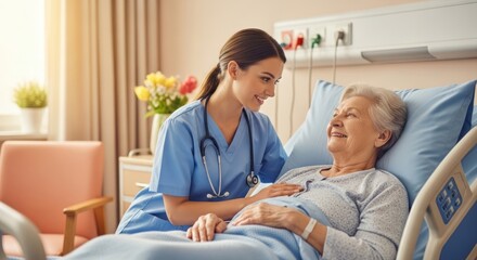 Obraz premium A nurse and elderly patient in a hospital room.