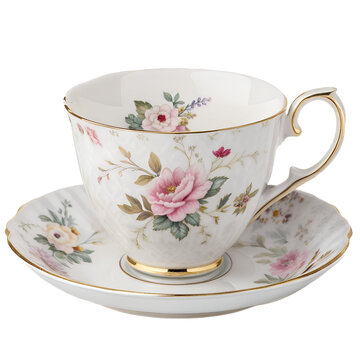 Watercolor Elegant floral porcelain teacup isolated on transparent background