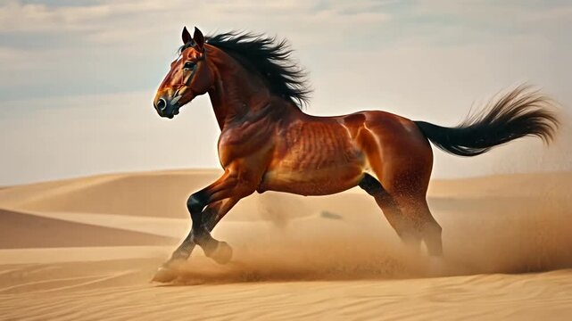 Majestic brown horse galloping through golden desert sands under a clear blue sky