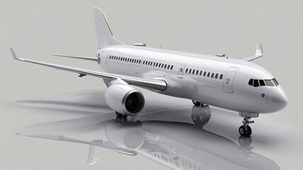 Obraz premium Sleek white passenger jet airplane poised for takeoff against a clean, modern backdrop, symbolizing travel and global connectivity.