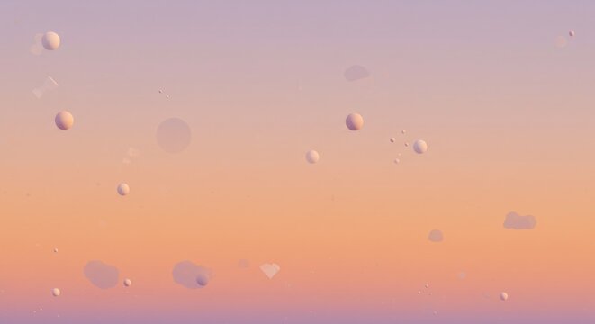 Dreamy gradient background with floating white spheres and shapes, peaceful and ethereal