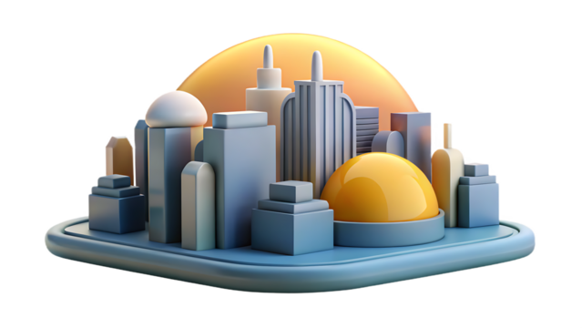 Abstract Cityscape with Geometric Buildings and Golden Dome Under Sunset Glow urban architecture